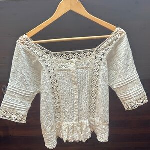 White Lace Boho Peasant Top - Women's XS cropped